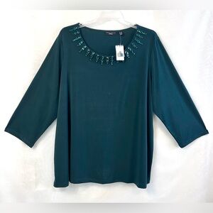 NWT Susan Graver Artisan Green Beaded 3/4 Sleeve Liquid Knit Top / 3XL